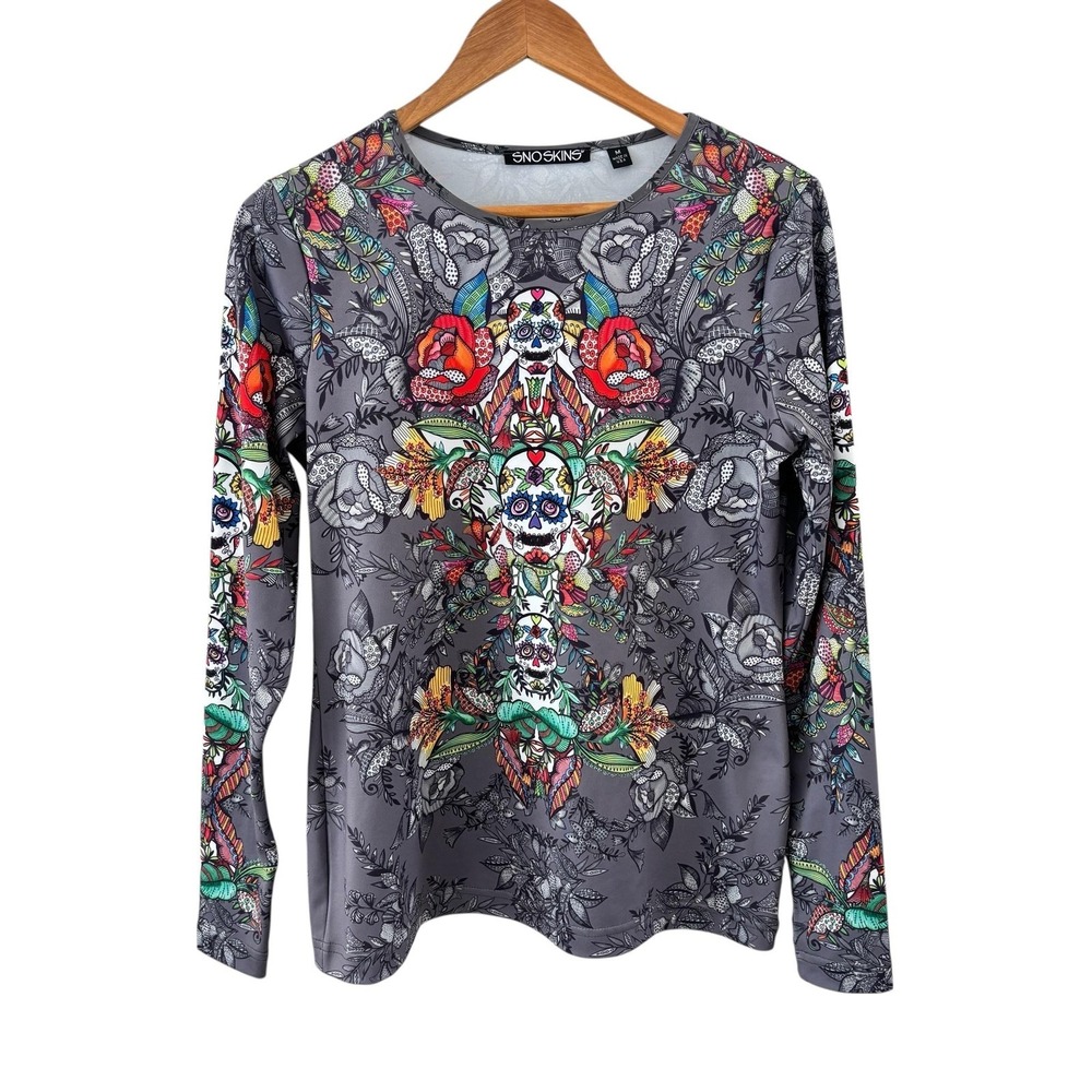Sno Skins Floral Skull Tee Shirt Womens Size M Gray Day Of The Dead Festival